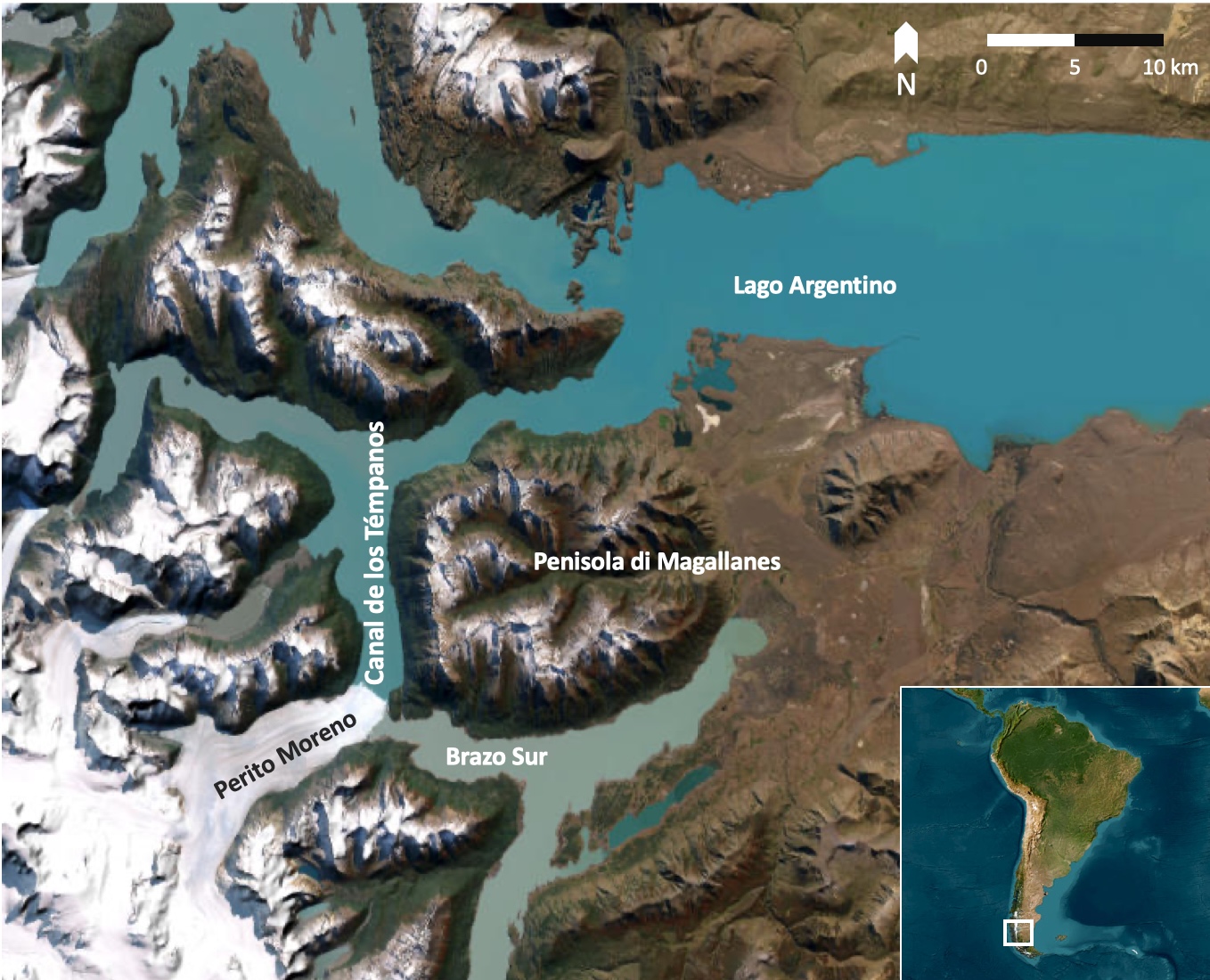 Mappa del ghiacciaio Perito Moreno e delle aree circostanti Mappa del ghiacciaio Perito Moreno e delle aree circostanti
